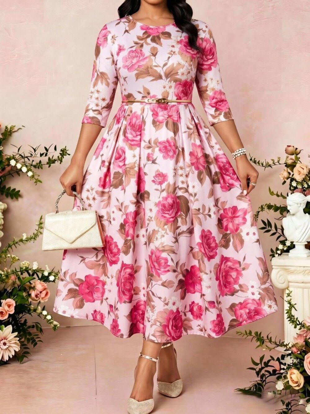 Multicolor Boho Women's Plus Size Floral Round Neck Short Sleeve Birthday Dress